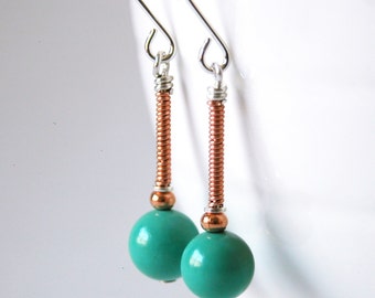 Boucles d'oreilles turquoises / faites main / pierres précieuses véritables / argent sterling / cuivre / 1,5 pouces de long / E-249