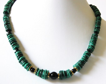 Collier de perles en malachite et onyx noir / fait main / pierres précieuses véritables / laiton massif / 18 pouces / N-77