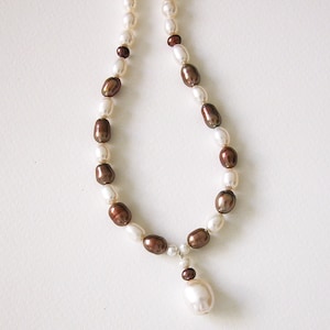 Handmade freshwater pearl necklace / 18.5 inches / ivory / brown / sterling silver / pearl pendant / N-72