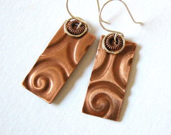 Embossed copper dangle earrings / sterling silver / just under 2 inches / handmade / E-246