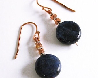 Boucles d'oreilles en sodalite / pendentifs courts / pierres précieuses véritables / cuivre massif / argent sterling / E-22 fait main