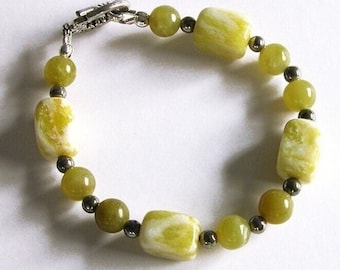 Chunky gemstone bracelet / serpentine (lemon and olive jade) / pyrite / handmade BT-05