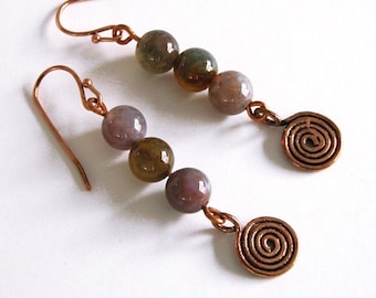 Genuine gemstone dangle earrings / India agate / copper / handmade E-21