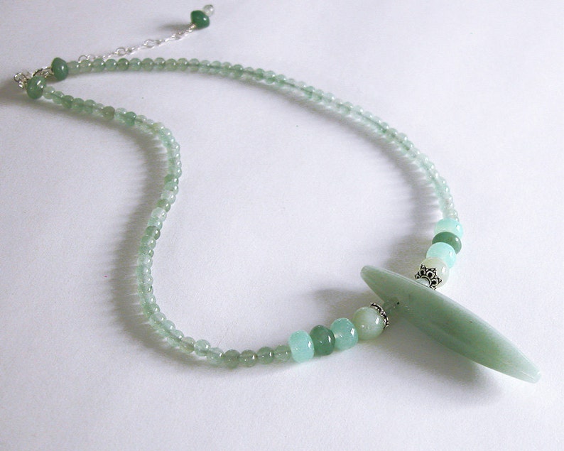 Green aventurine necklace with extender chain / aqua blue chalcedony / new jade serpentine / sterling silver / N-41 image 3