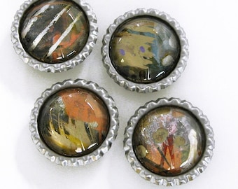 Handmade art magnets / hand painted / set of four / original modern abstract design / silver / gold / orange / blue / gifts under 15 / M-12