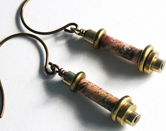 Leopard skin jasper earrings / genuine gemstone / solid brass / under 2 inches / handmade E-144