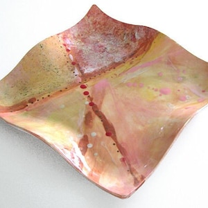 Hand-painted wavy square ceramic platter / peach / yellow / pink / abstract CE-13
