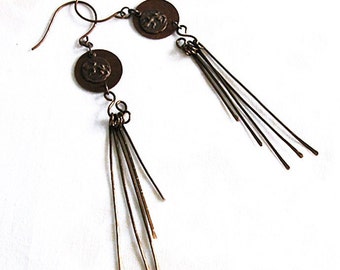 Long brass lizard earrings / 4 inch dangles / handmade  E-76