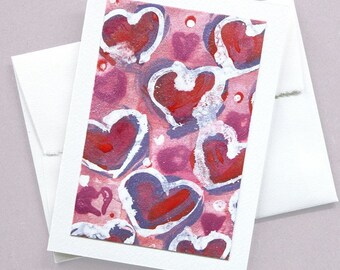 Carte de voeux peinture encre acrylique coeurs - oeuvre d'art originale, vierge à l'intérieur
