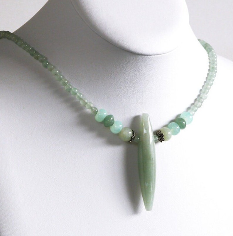 Green aventurine necklace with extender chain / aqua blue chalcedony / new jade serpentine / sterling silver / N-41 image 1