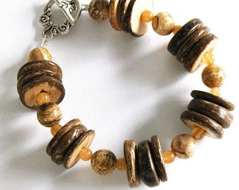 Coconut shell bracelet for a smaller wrist / picture jasper / peach aventurine / real shell and genuine gemstone / handmade BT-11