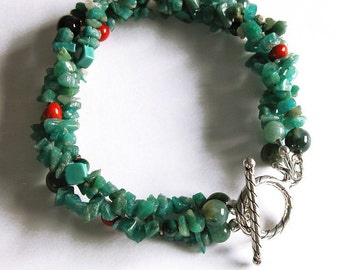 Bracelet de pierres précieuses mélangées / amazonite / turquoise / malachite / agate / corail / argent sterling / pierre précieuse véritable / fait main BT-08
