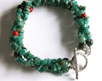 Mixed gemstone bracelet / amazonite / turquoise / malachite / agate / coral / sterling silver / genuine gemstone / handmade BT-08