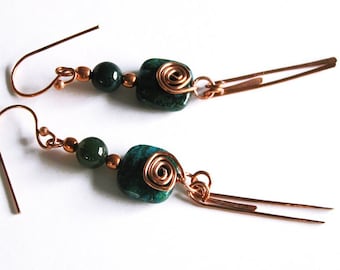 Longues boucles d'oreilles pendantes en jaspe / agate de l'Inde / cuivre / pierre précieuse véritable / E-77 fait main
