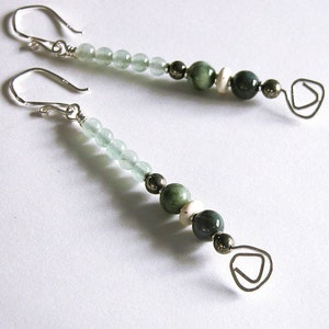 Handmade long mixed gemstone earrings / green aventurine / India agate / pyrite / green opal / genuine gemstone / sterling silver / E-128