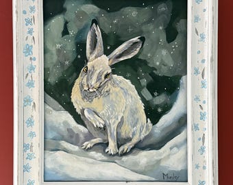 Pintura original de una liebre de las nieves en invierno.