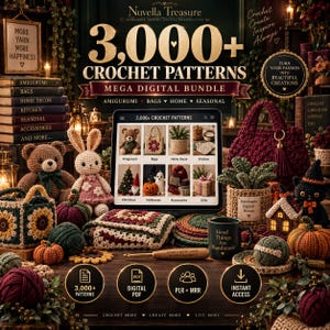 May include: A digital bundle of 3,000+ crochet patterns displayed on a tablet screen, surrounded by various crocheted items including a teddy bear, a rabbit, a sunflower basket, a maroon handbag, pumpkins, and a black mug with text.