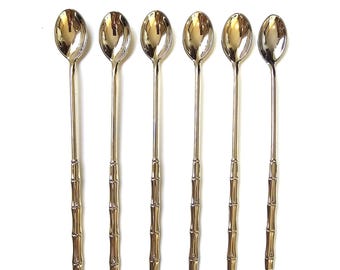 Set of 6 Vintage Long Spoons, Silver Plated | Bamboo Handle | Made In Italy | Iced Tea, Barware Spoons, Mid Century Cocktail Stirrers