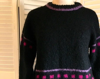 Vintage 80s Irish Wool Sweater Black Mohair Knit Pullover Sweater By Kilkenny