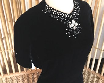 Vintage 50s Black Velvet Dress Accented with Rhinestones by Kramer Originals
