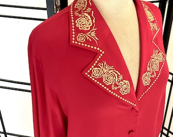 Vintage 80s Diane Von Furstenberg Red Silk Blouse