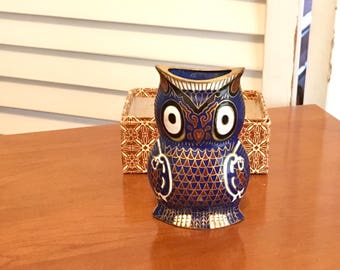 Vintage 70s Cloisonne Owl Vase in Original Box