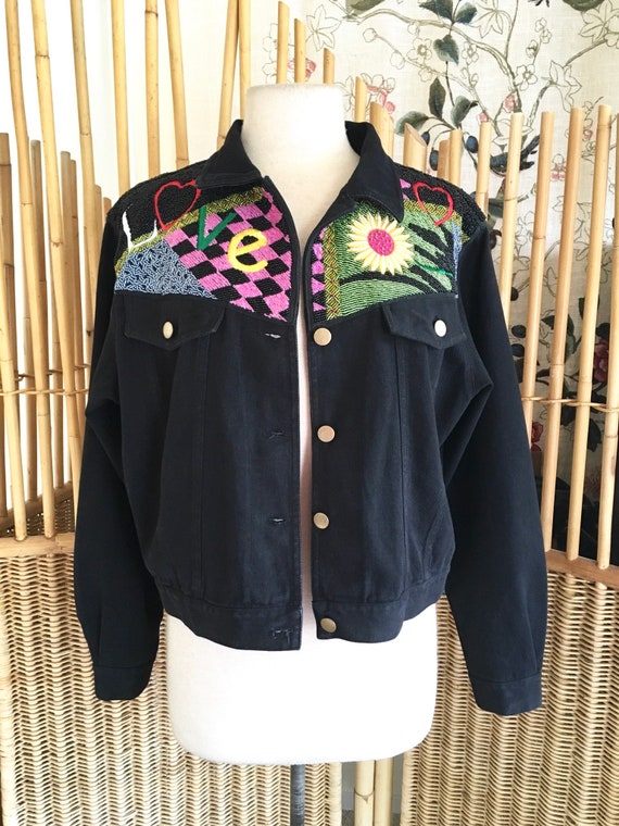 Vintage 80s Beaded Denim JacKet Black Kolorway Ja… - image 8