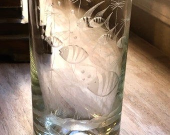 Vintage 80s Orrefors Crystal Vase Etched Angel Fish Crystal Vase
