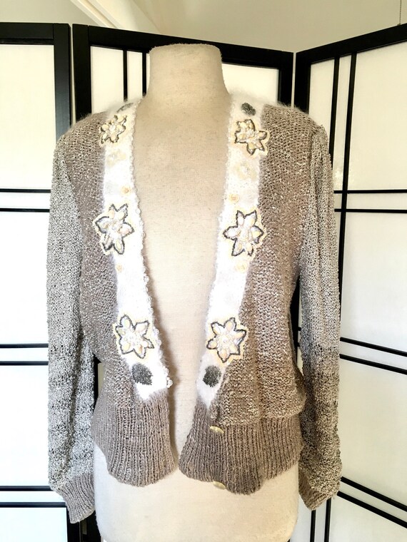 Vintage 80s Hand Knit Cardigan Sweater Embellishe… - image 7