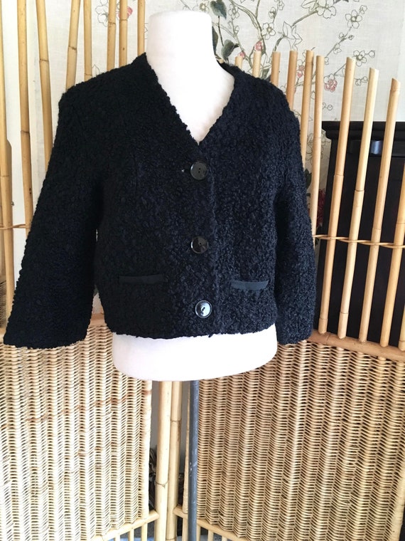 Vintage 50s Black Curly Lambswool Jacket Short Ja… - image 1