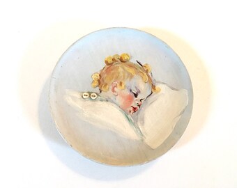 Vintage 40s Hand Painted Baby Portrait on Wood Wall Plaque