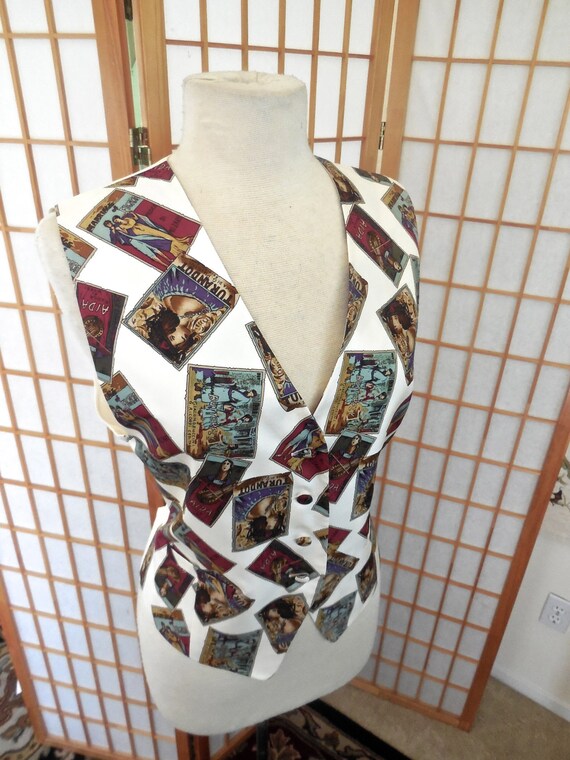 Vintage 80s Mucha Postcard Print Silk Vest / Fitte