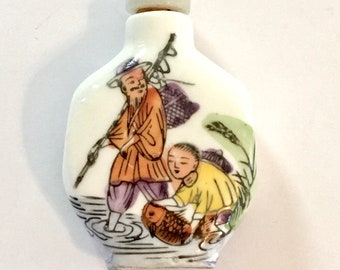 Vintage Snuff Bottle Hand Painted Porcelain Snuff Bottle with Jade Stopper