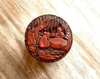 Antique 19th Century Chinese Carved Red Cinnabar Tea Caddy