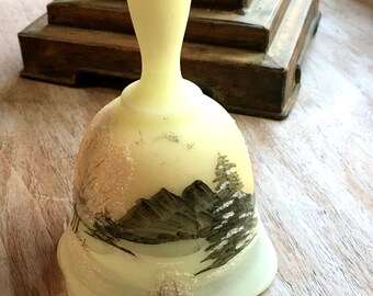 Vintage 70s Fenton Custard Yellow Uranium Glass Bell Hand Painted Cabin Snow Scene