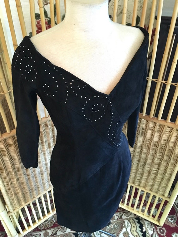 Vintage 80s Black Suede Leather Dress by Positano 