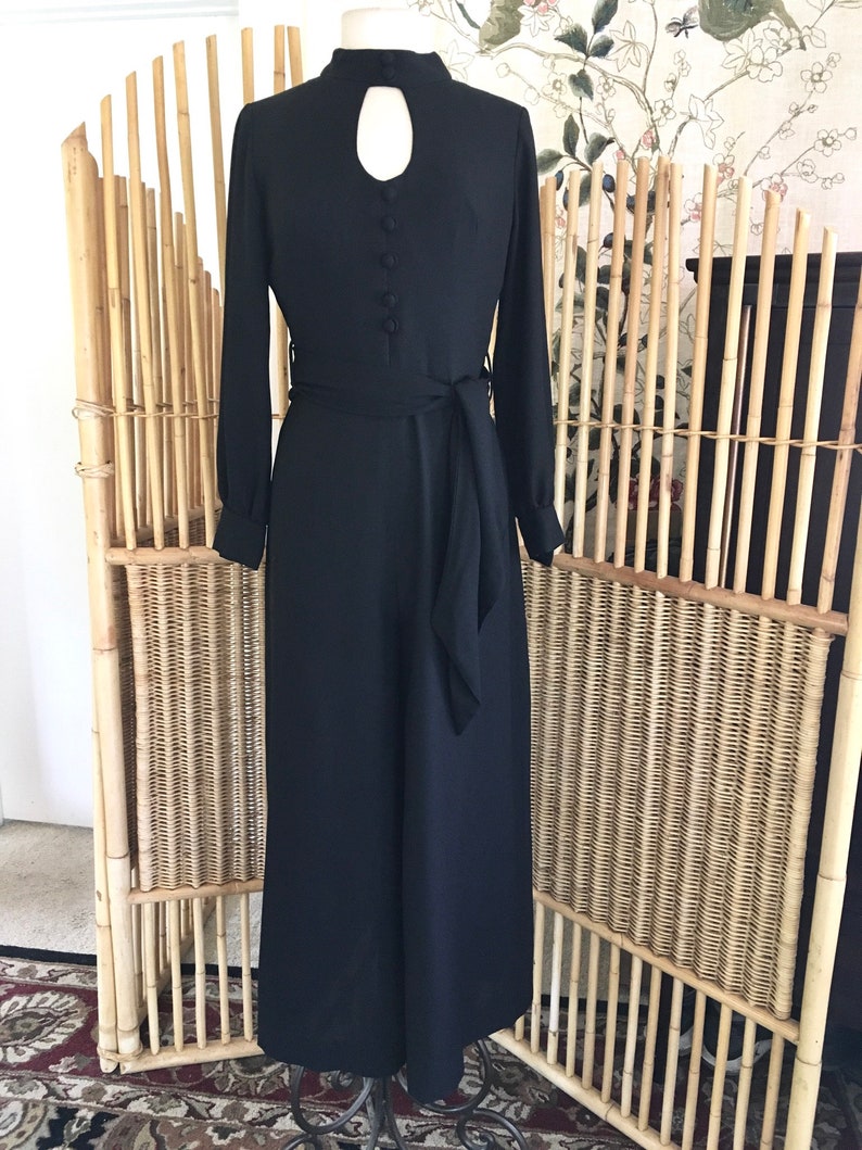 Vintage 70s Black Crepe Palazzo Pant Jumpsuit with Keyhole Bodice