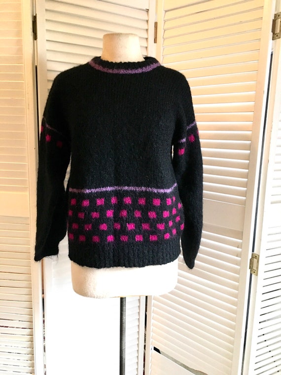 Vintage 80s Irish Wool Sweater Black Mohair Knit P