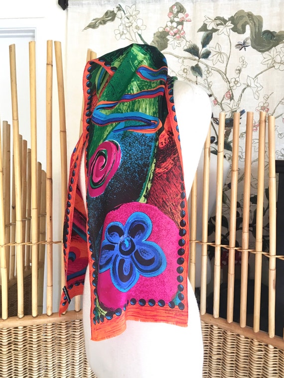 Vintage 80s Oscar De La Renta Silk Scarf Bright C… - image 3