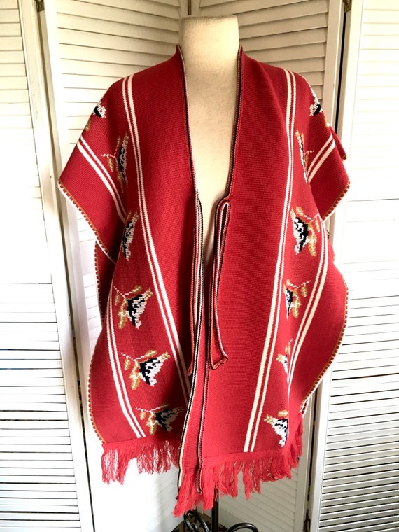 Vintage 70s Red Poncho Red Knit Poncho Accented w… - image 7