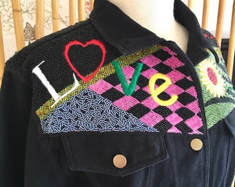 Vintage 80s Beaded Denim JacKet Black Kolorway Jacket