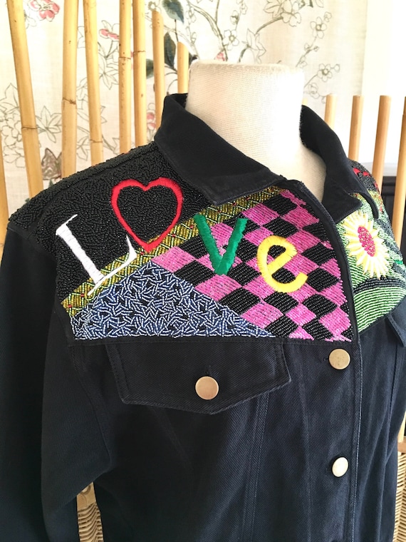 Vintage 80s Beaded Denim JacKet Black Kolorway Ja… - image 1