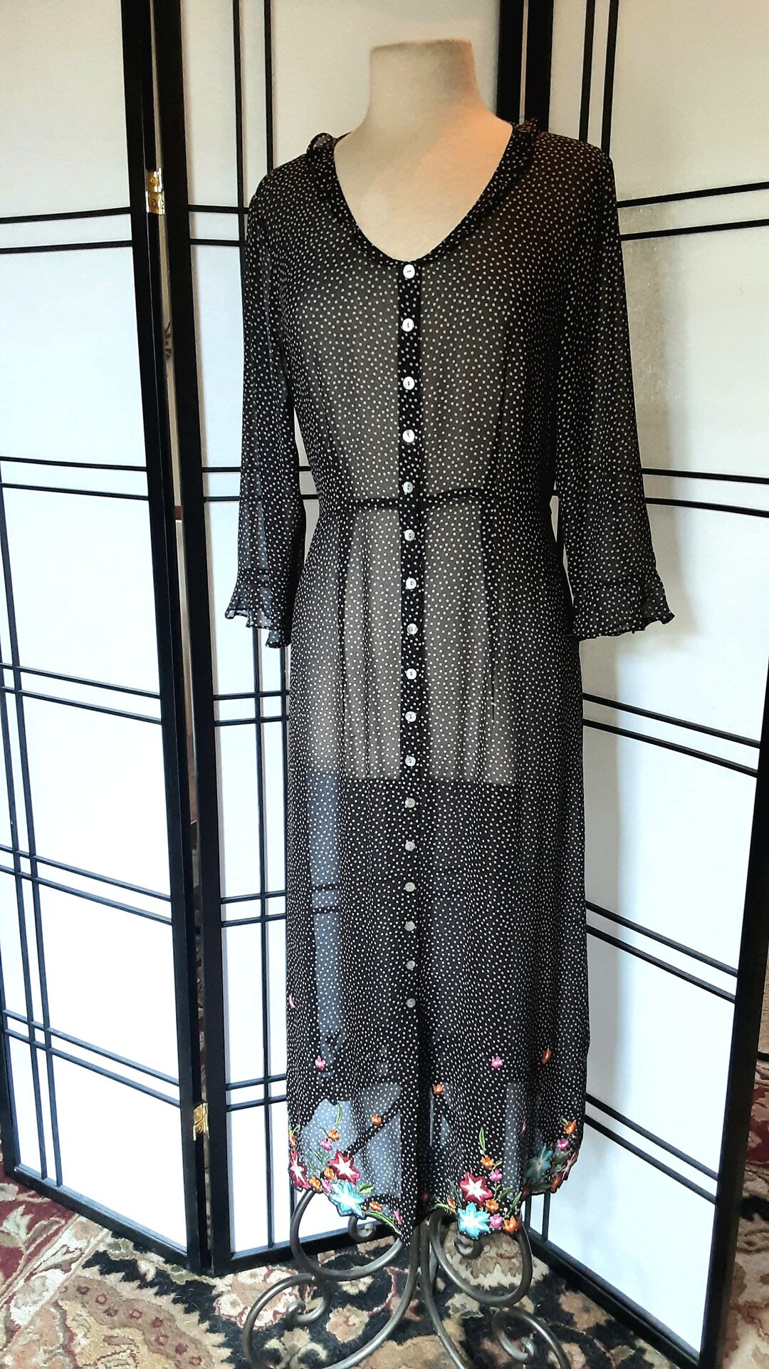 Garnet Hill Sheer Silk Dress Polka Dot Maxi Dress Button up Dress