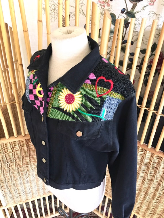 Vintage 80s Beaded Denim JacKet Black Kolorway Ja… - image 3