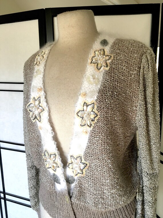 Vintage 80s Hand Knit Cardigan Sweater Embellishe… - image 2