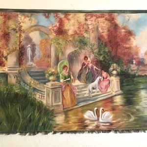 May include: A tapestry depicting a garden scene with four women in elegant dresses standing on a stone staircase. A white dog sits on the steps, and two white swans swim in a pond in the foreground. The scene is painted in a realistic style with vibrant colours.