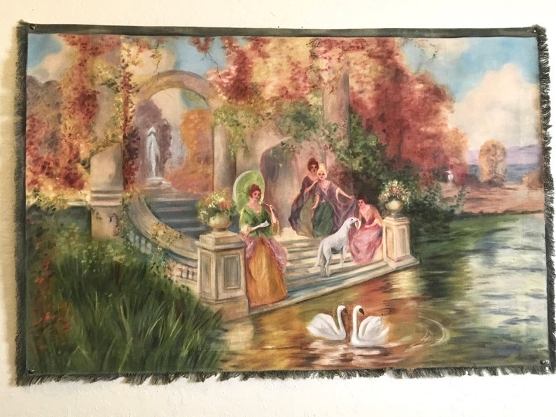 May include: A tapestry depicting a garden scene with four women in elegant dresses standing on a stone staircase. A white dog sits on the steps, and two white swans swim in a pond in the foreground. The scene is painted in a realistic style with vibrant colours.