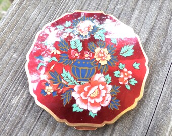 Vintage 60s Stratton Mirror Compact in Red Enamel with Peony's