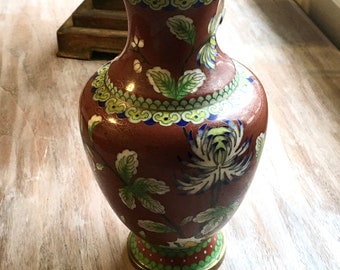 Vintage Large Cloisonne Enamel Vase Floral Vase Cinnabar Color Enamel