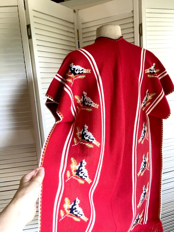 Vintage 70s Red Poncho Red Knit Poncho Accented w… - image 4